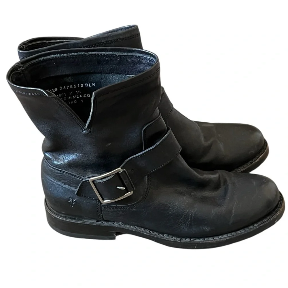 Frye Natalie short engineer black leather ankle boots with silver hardware